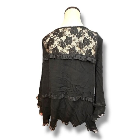 Women’s L Easel Black Lace Mesh Tiered Bell Sleeve Top - Picture 4 of 8